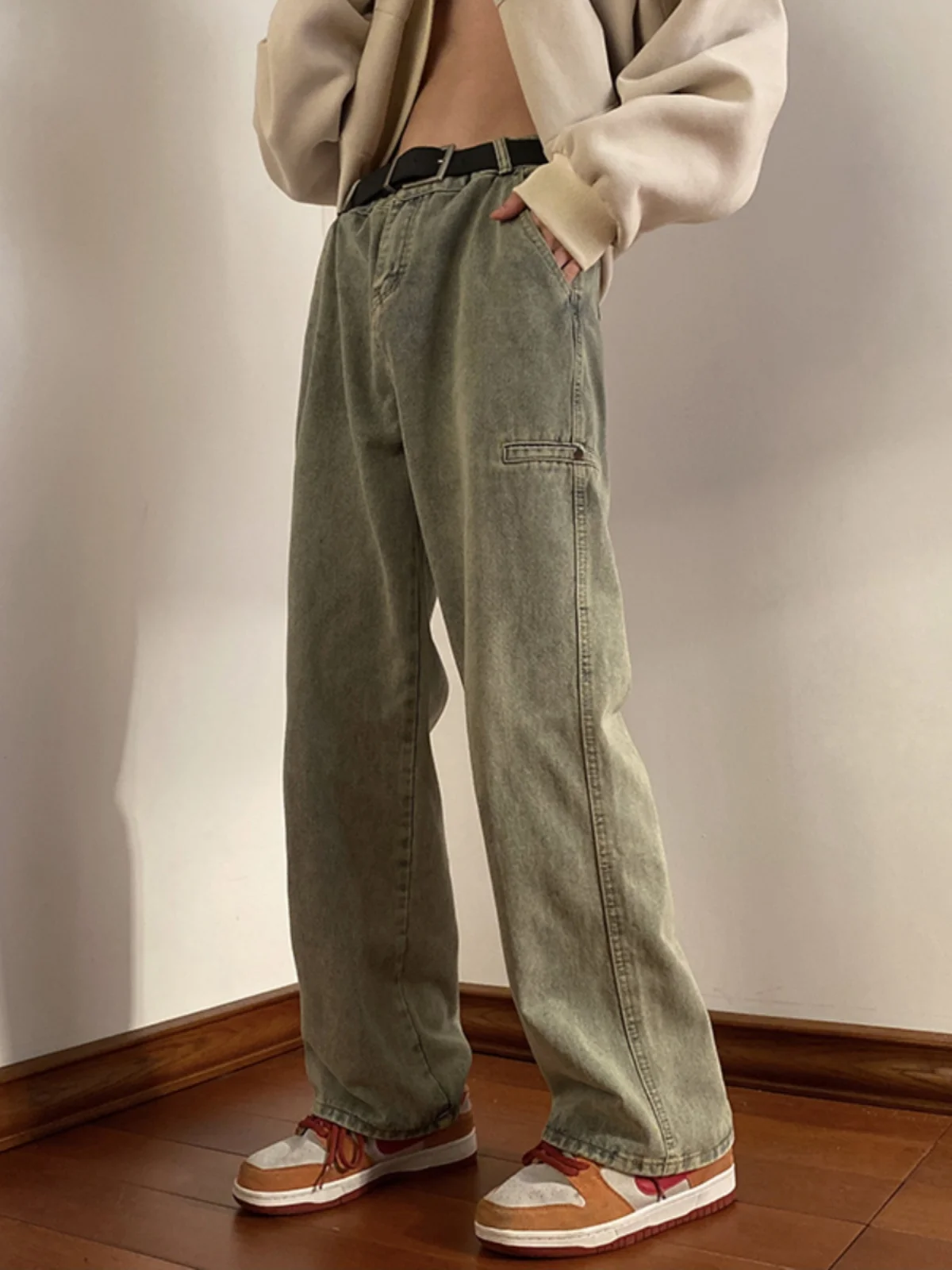 

Yellow Mud Color Men's Jeans Loose Straight Casual Long Pants Worn-In Style American High Street Versatile Autumn Fashion