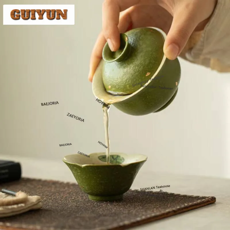 120ml Citrus Green Hand-painted Fish Lotus Leave Gaiwan Ancient Tea Tureen Tea Bowl With Lid Kit Tea Maker Cover Bowl For Tea