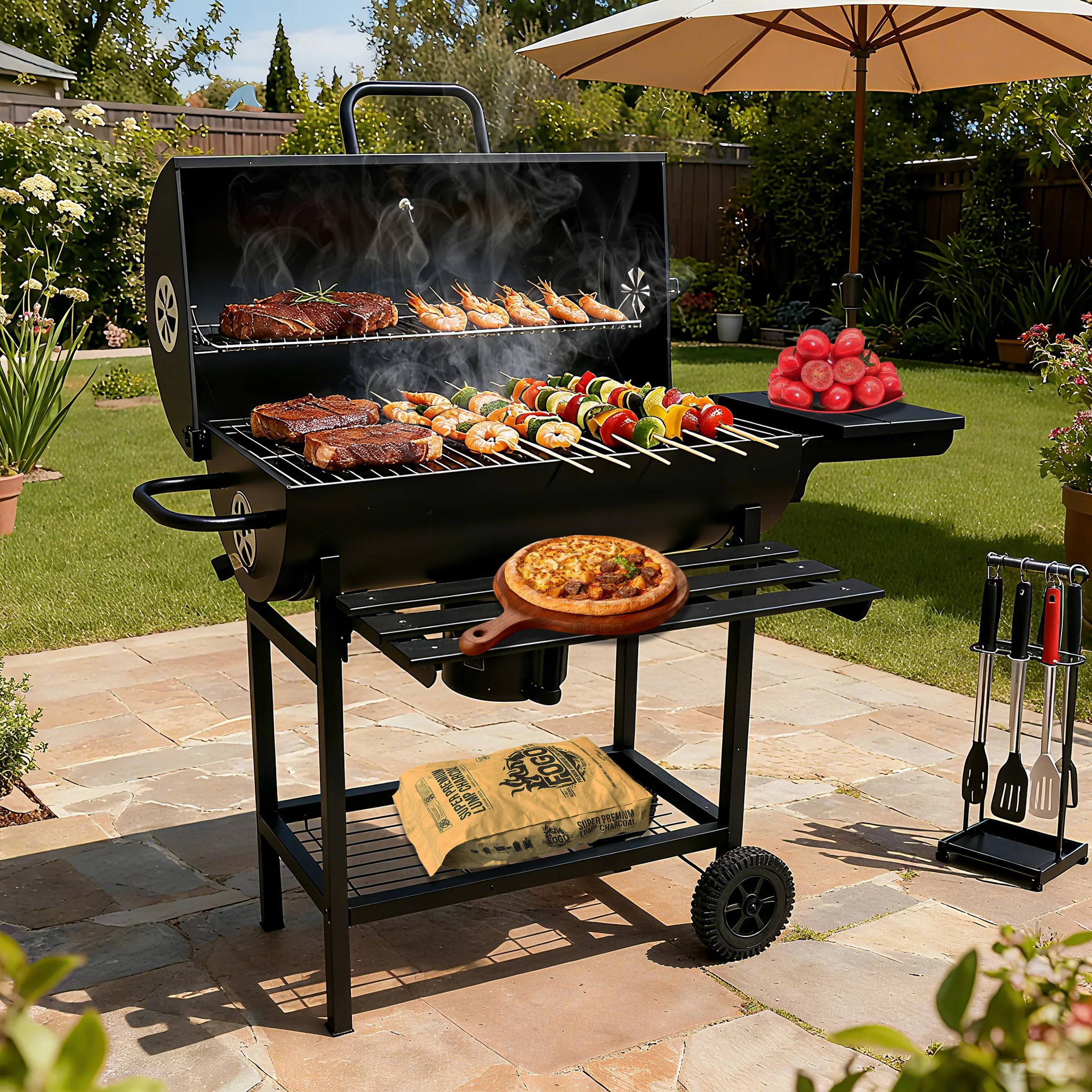 Barrel Roast Chicken Charcoal Grill Black Oil Drum Trolley Barbeque Grill Outdoor Barbecue Grill
