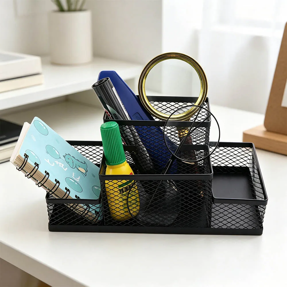 Practical Metal Pen Holder 3/4 Grid Mesh Design Pencil Storage Box Large Capacity Black Desk Stationery Organizer Student