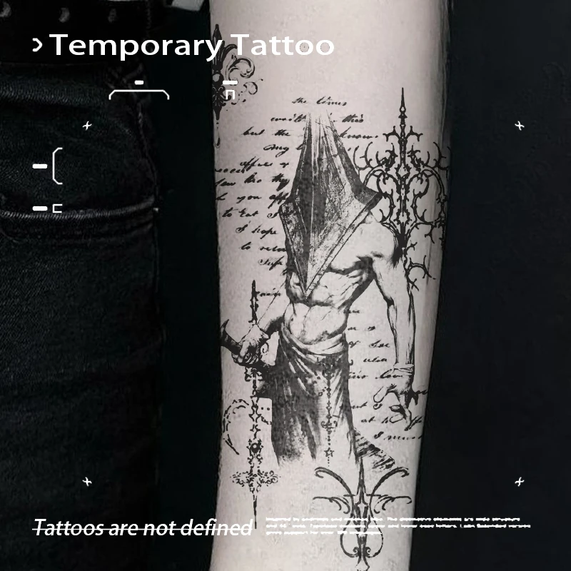 Pyramid Head Gothic Temporary Tattoo Herbal Juice Waterproof Long Lasting Fake Tattoo Sticker Dark Art Body Decal for Men Women