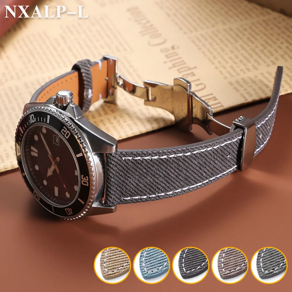 Denim Sailcloth Watchbands Leather Watch Strap 18mm 20mm 22mm for Seiko for Omega Band Women Men Sport Belt Butterfly Buckle