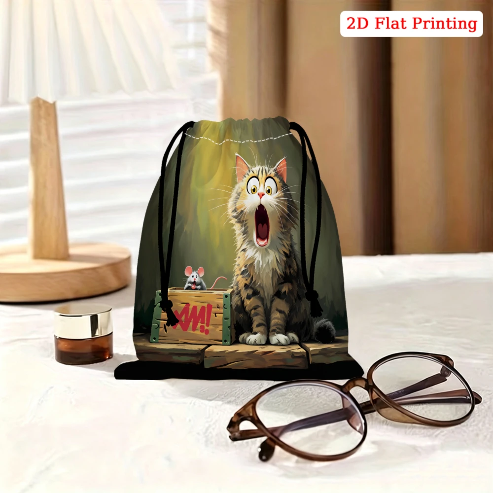 1Pc Cartoon Cat And Mouse Print Drawstring Bag Green Storage Small Pouch For Travel Cosmetics Organization Unisex Portable Light