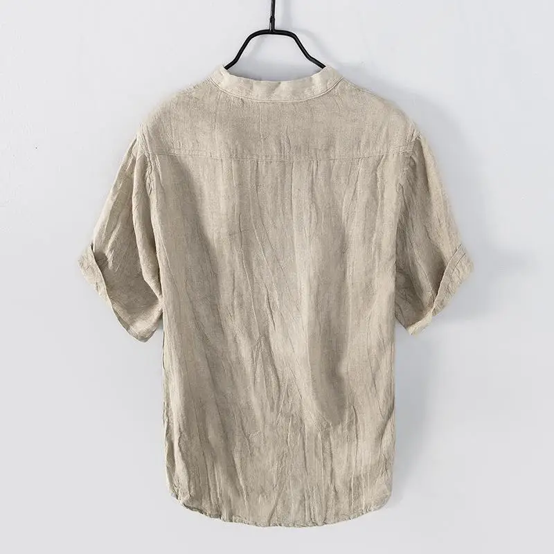 

Hemp ort Sve T-irt Men's Stand up Collar Pullover Loose Fit Busin Gentleman Sle Summer Thin Cotton Color
