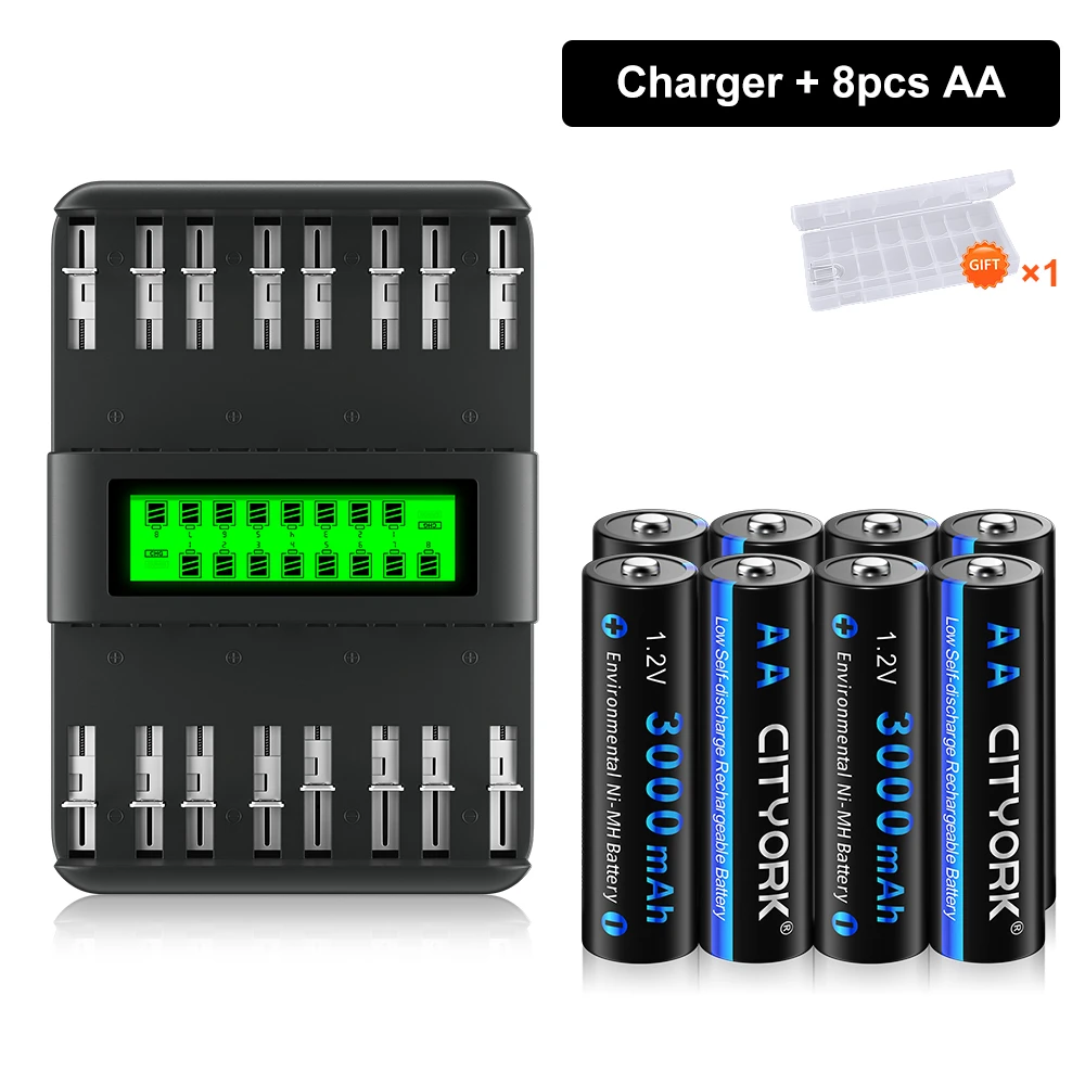 3000mAh AA Rechargeable Battery 1.2V NIMH 2A AA Batteries +16slots charger for flashlight remote control toy MP3 MP4 camera