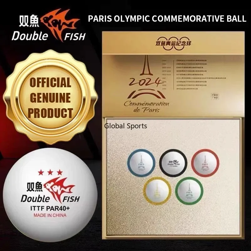 Pelota conmemorativa de pescado doble, 2024, olímpicos de París V40 + pelotas de Ping Pong, caja de regalo oficial de 3 estrellas, pelota de tenis de mesa, edición limitada