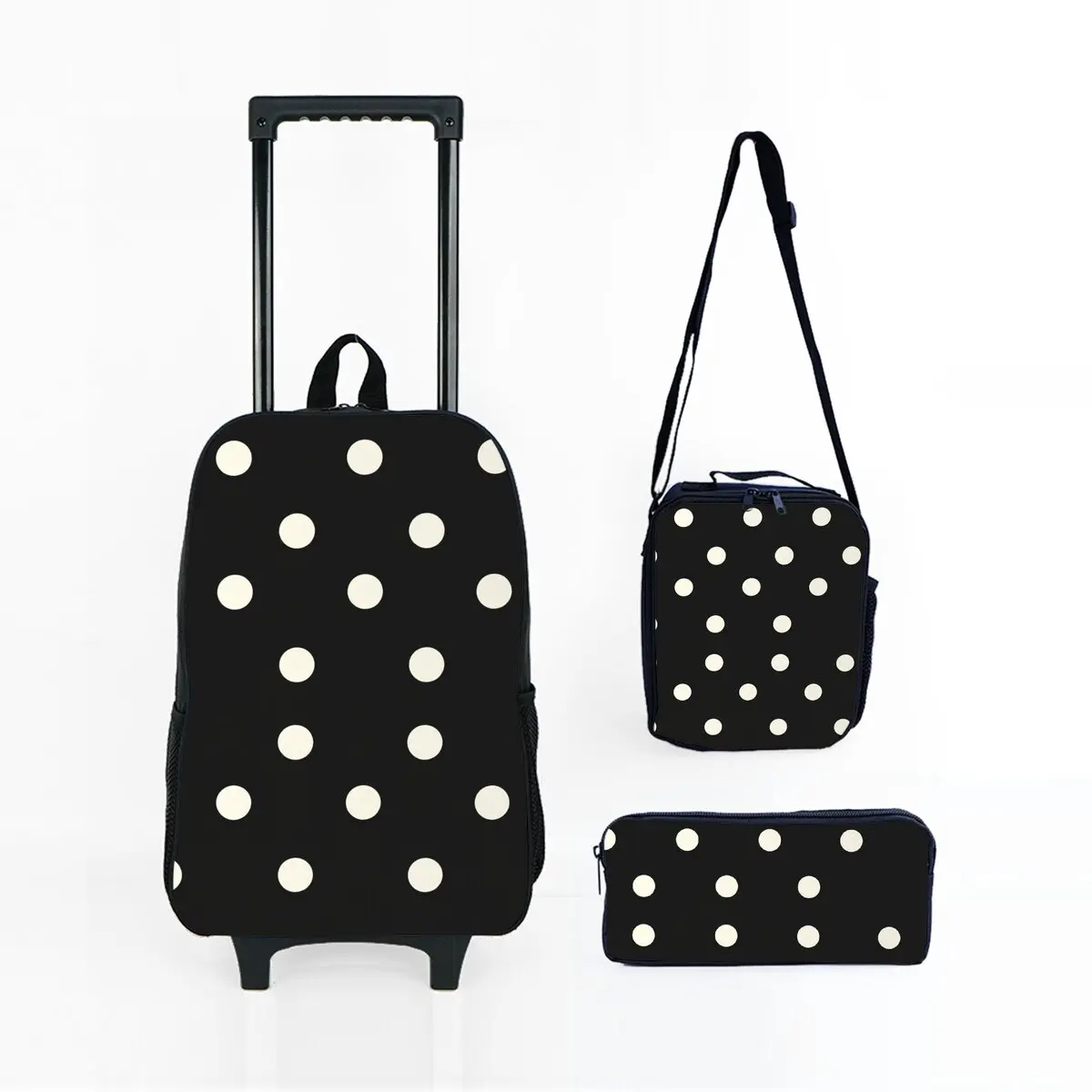 Juego de bolsas con ruedas con estampado de lunares, con fiambrera, bolsa para bolígrafos con ruedas, mochila escolar con carrito para niñas y niños