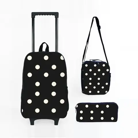 Polka Dots Print Wheeled Rolling Bag Set with Lunch Box Pen Bag with Wheels School Trolley Backpack Bag for Girl/Boys