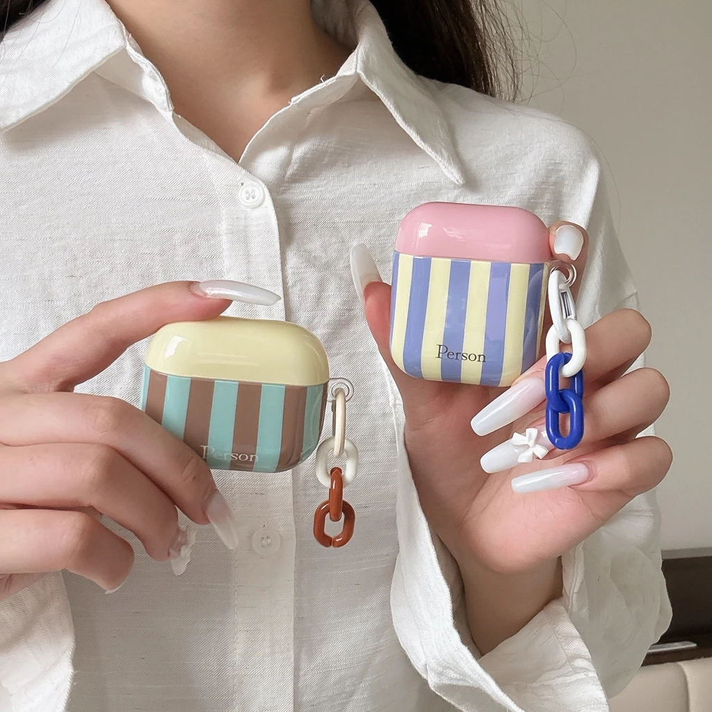 Minimalist Color Block Striped Pattern With Pendant Shockproof Protective Earphone Cover Case for AirPods 1 2 3 4 5 Pro 2 Pro 3