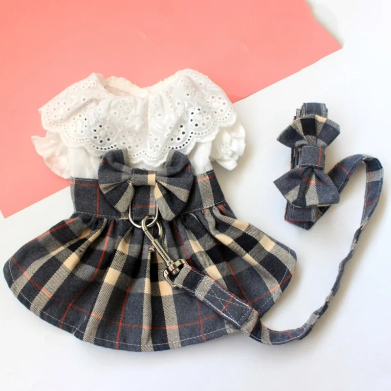 Dog Clothes Dog Dress Plaid Skirt With Big Bowknot Pet Harness With Leash Set For Girls Small Medium Chihuahua Dog Clothing