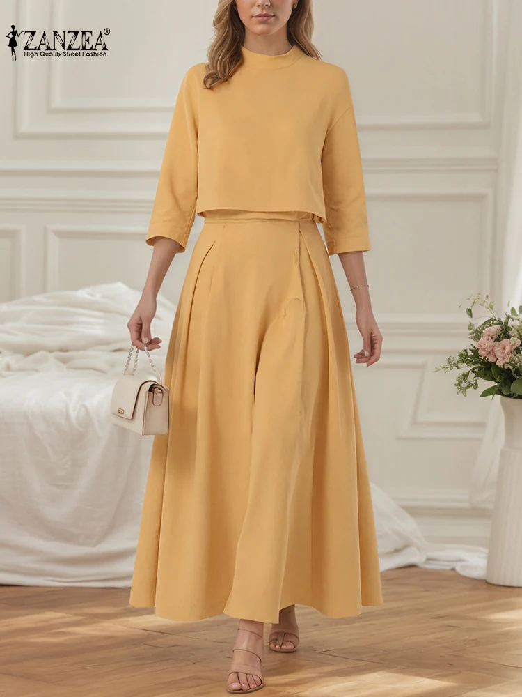 

ZANZEA 2025 элегантные женские длинные юбки, комплекты блузки с рукавами 3/4, плиссированные юбки, повседневные летние одинаковые комплекты, наряды с воротником-стойкой