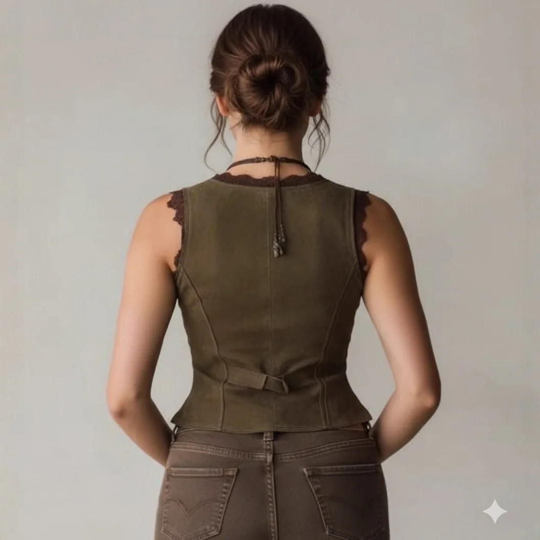 Ladies Boho Lace Edge Sleeveless Waistcoat U Neck Button Down Slim Retro Cottagecore Tank Vest