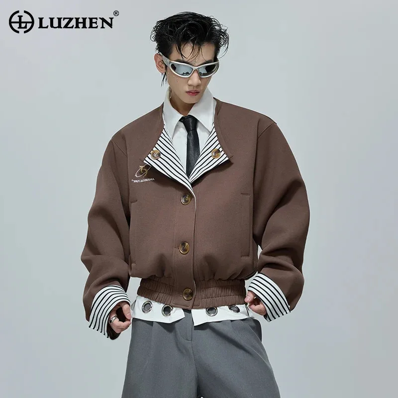 LUZHEN Men Patchwork Lapel Jacket Niche Striped Design Fake Two-piece Contrast Color Single Breasted Embroidery Male Coat JY4458
