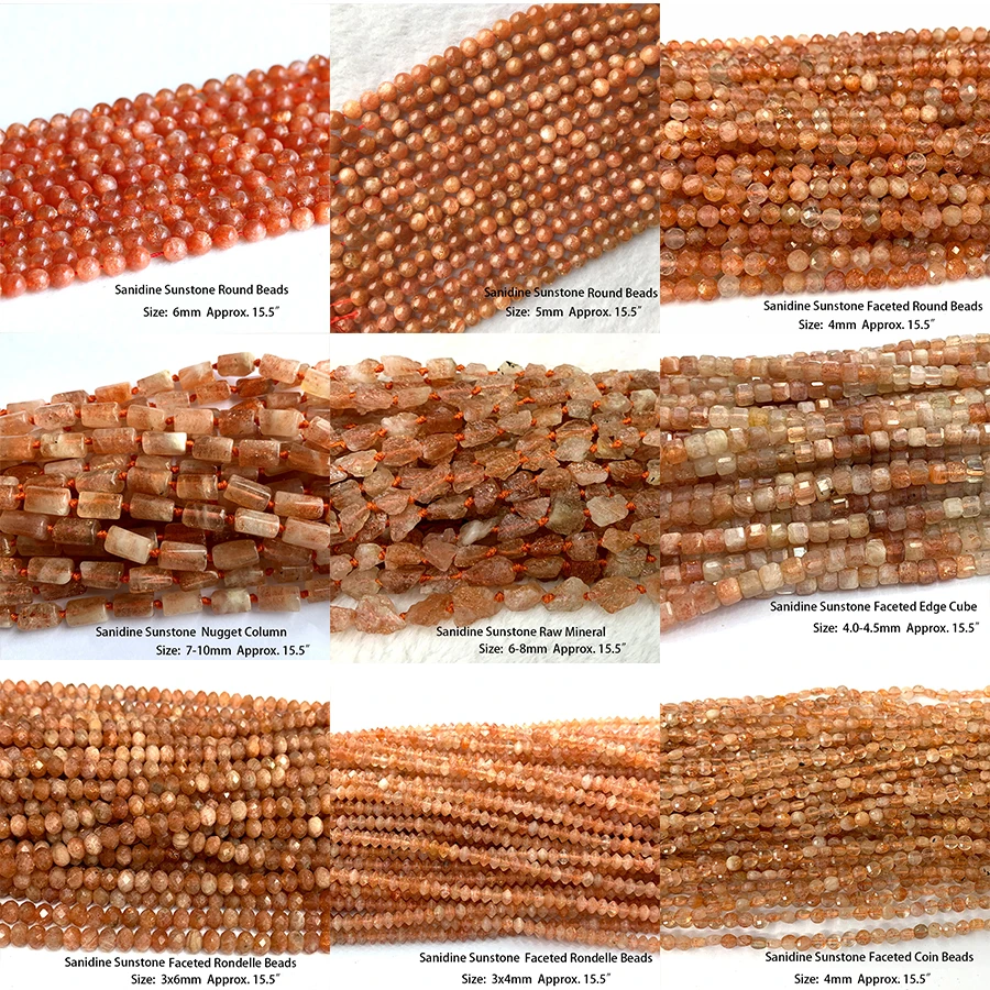 Veemake Natural Gold Sanidine Sunstone Faceted Round Rondelle Edge Cube Coin Raw Mineral Nugget Disc Beads For Jewelry Making