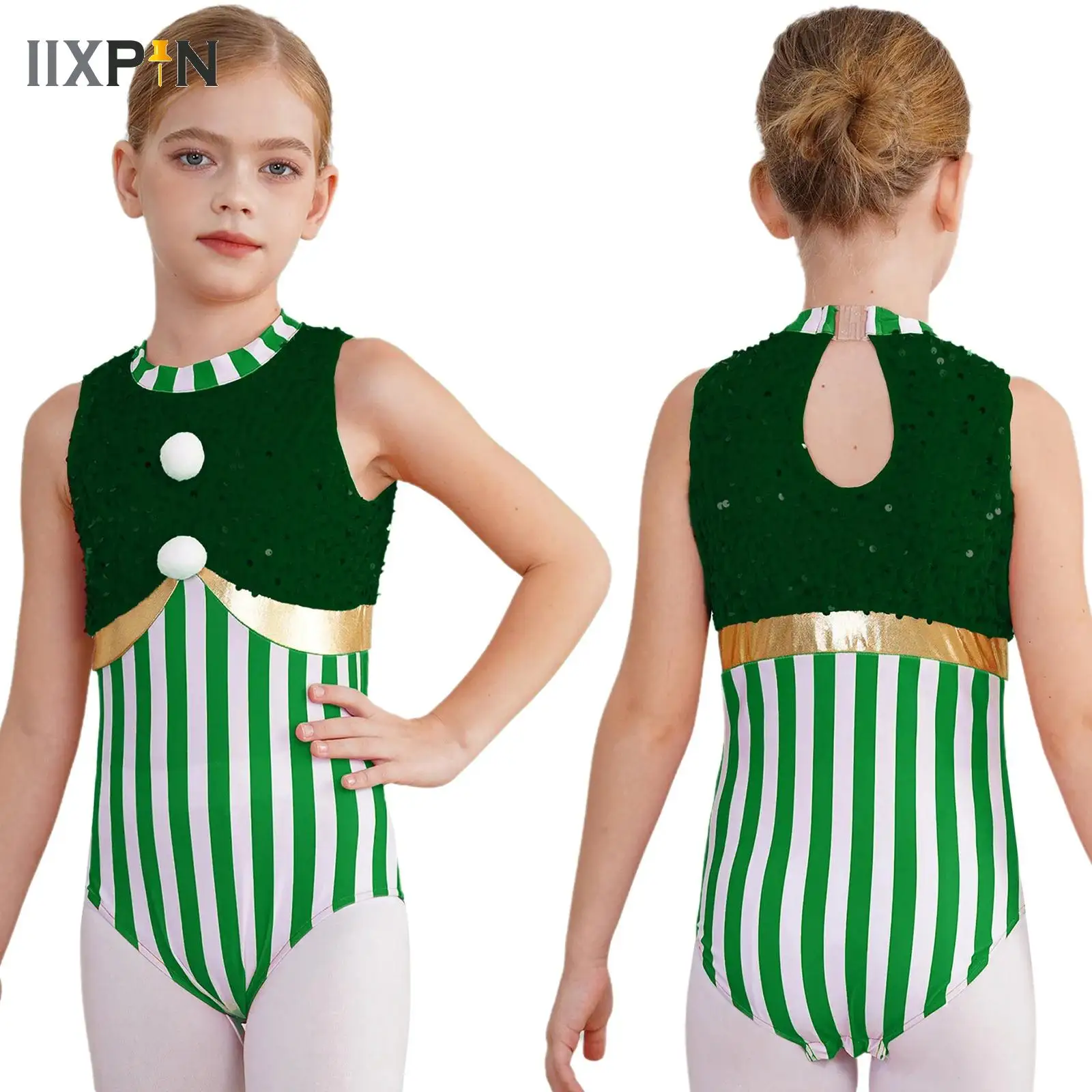 

Teen Girl Christmas Santa Claus Costume Candy Cane Striped Sequin Ballet Leotard Gymnastics Figure Skating Bodysuit Dancewear