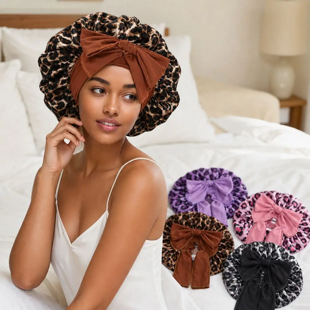 Silk Imitation Leopard Print Sleep Cap Breathable Comfortable Bowknot Decoration Ribbon Sleep Bonnets Satin Hair Bonnet Beauty