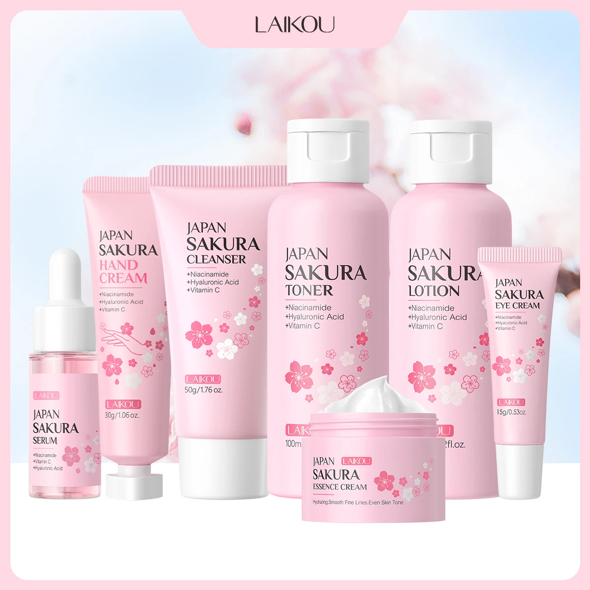 Ensemble de soins de la peau japonais LAIKOU Sakura - Hydratant, nourrissant, adoucissant pour les peaux rugueuses, pour un teint éclatant