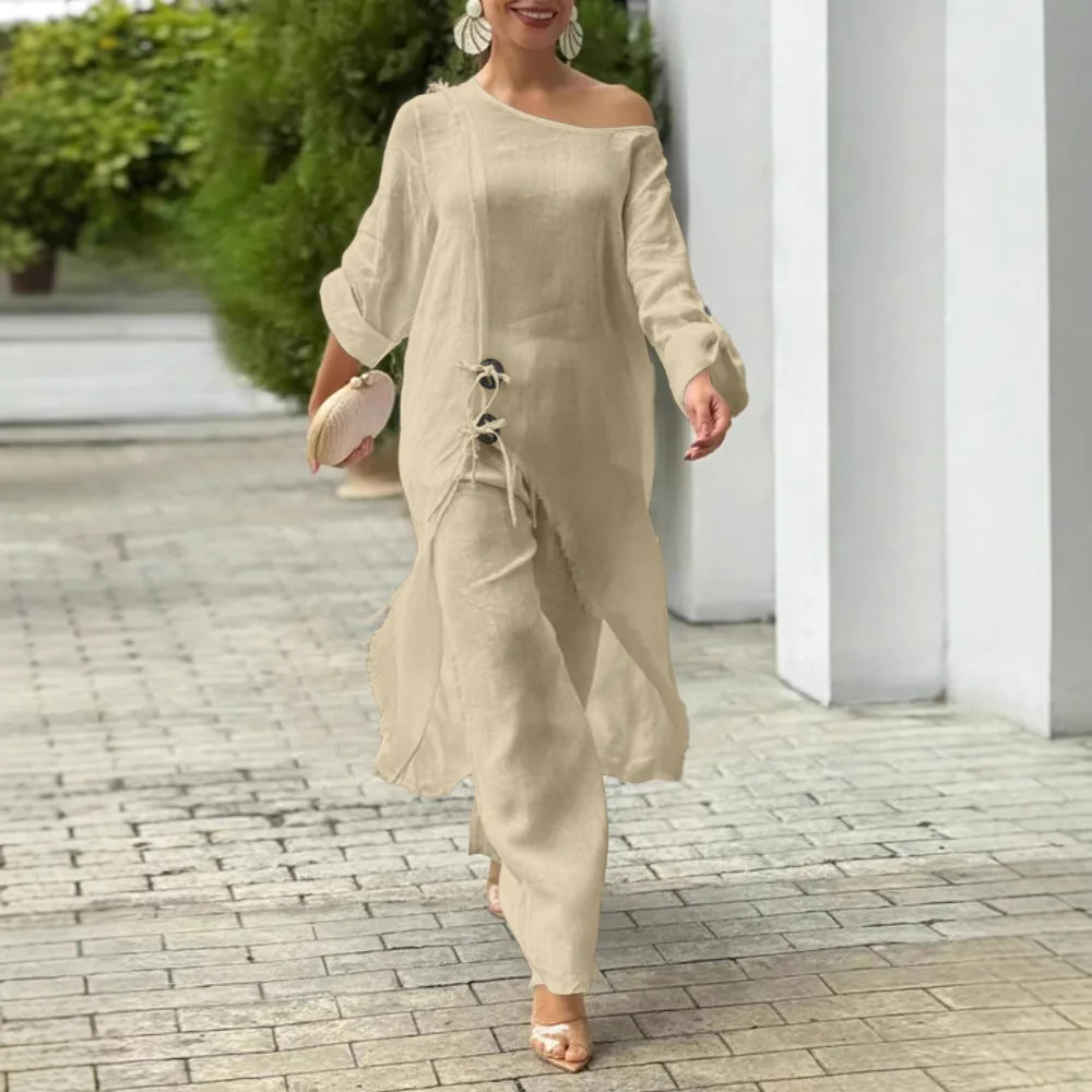 여성 2피스 세트 원숄더 버튼 장식 슬릿 프레이드 엣지 탑과 캐주얼 밴딩 와이드 레그 팬츠 세트