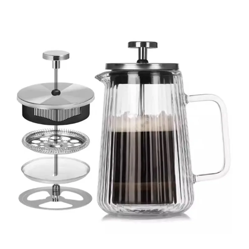 For Glass Double-layer French Press Pot, Heat-resistant Coffee Sharing  ，vertical Pattern Utensils, Household Filter Tea Brewer