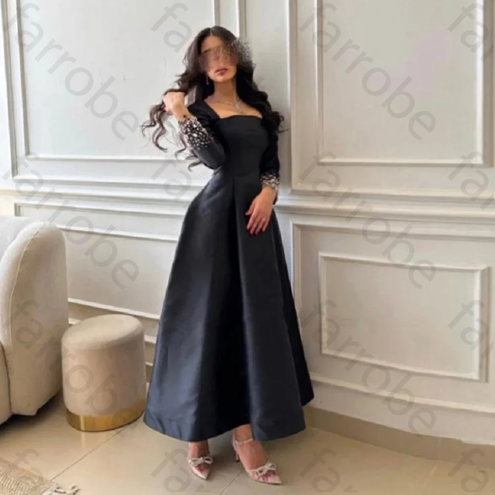 Customized Black Prom Dresses Square Neck Formal Evening Dress Beading Long Sleeve Saudi Arabric Satin Party Gown For Women