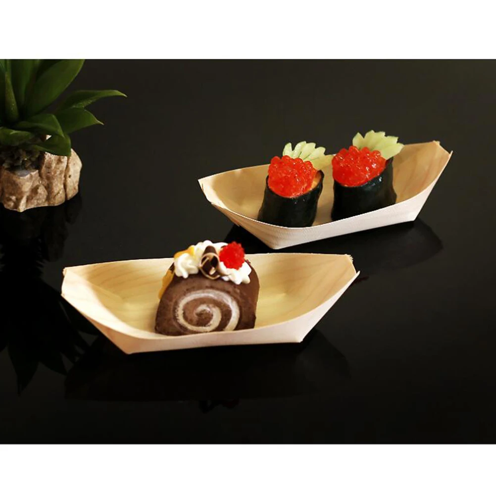

100 Pcs Sushi Snacks Wooden Boat Trays Disposable Birch Serving Bowls Creative Food Display for Parties Picnics BBQ Weddings