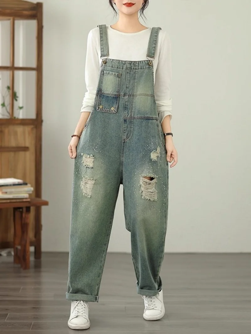Overall Denim Tertekan Retro Modis untuk Wanita 2025 Jeans Tren Jumpsuit Kaki Lurus Longgar Ukuran Besar Musim Gugur W443