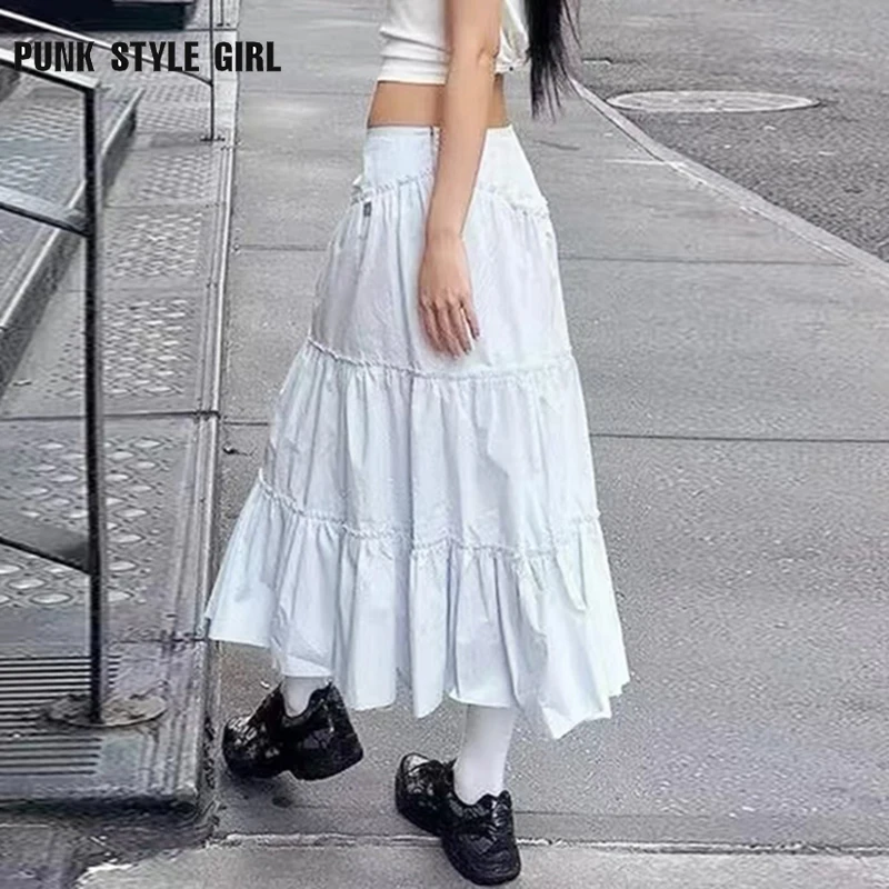 

2024 Solid Fairycore Floral Edge A-line Long Skirt White Coquette Aesthetic Skirts Y2K Holiday Party Casual Outfit Sweet Skirts