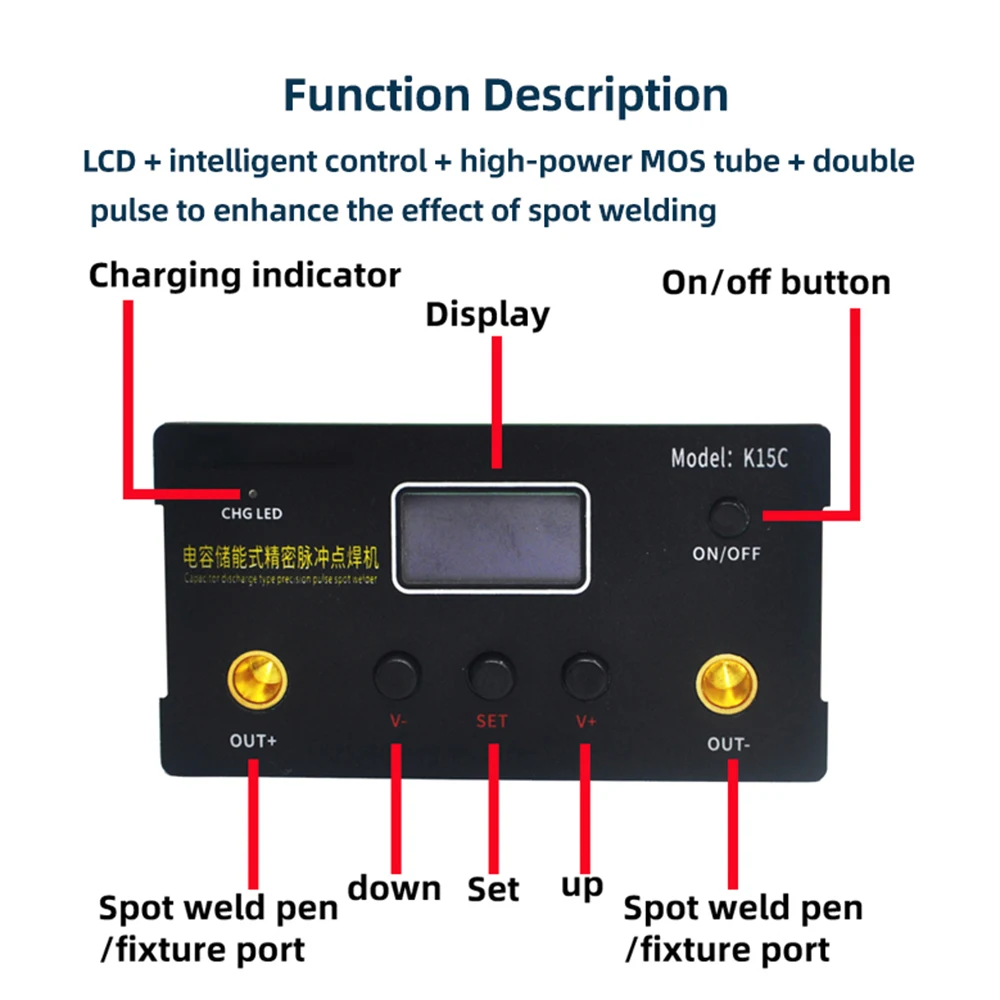 K15C 12-24V 1-30ms Pulse Farad Capacitor Spot Welding Machine Handheld Dual Pulse 18650 Lithium Battery Spot Welding Machine