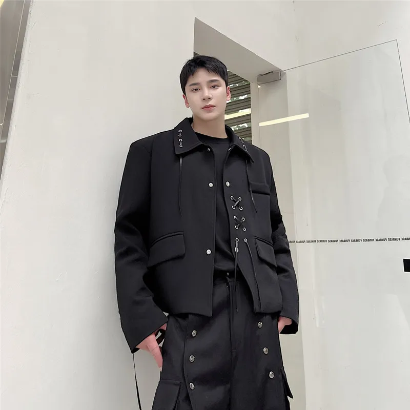 Men's Jackets 2025 Spring Autumn New Lapel Lace-Up Trendy Retro Stylish Jackets Male Chic High-End Short Style Long Sleeve Coats