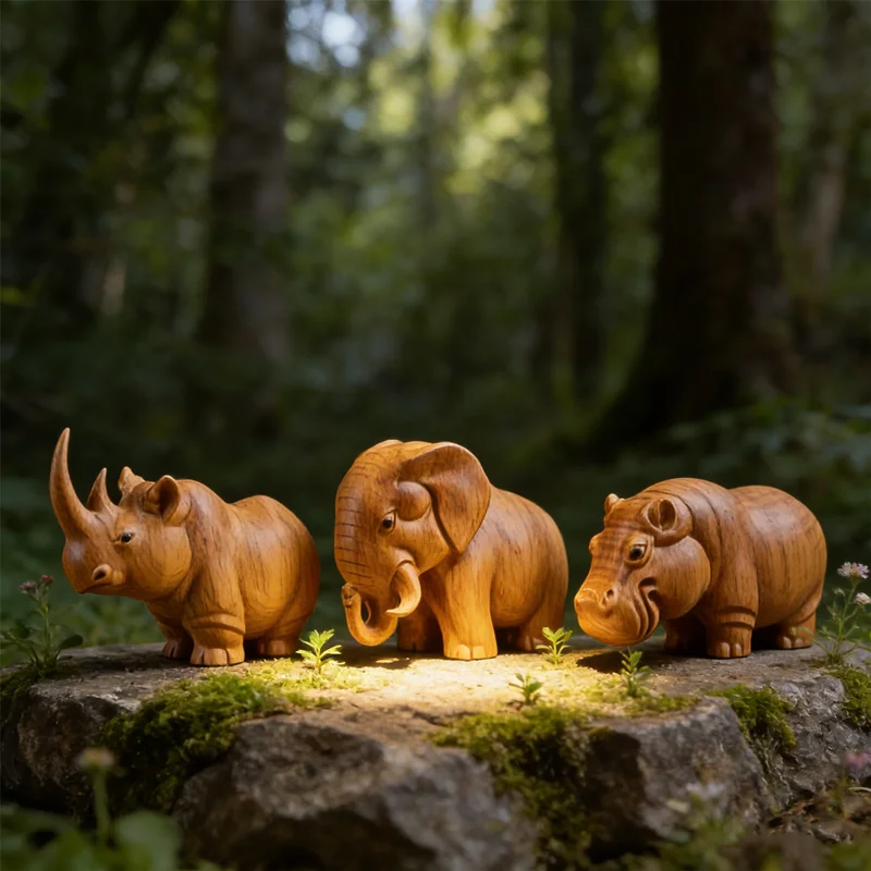 Wood Carving Animal Car Ornaments - Handmade Rhino, Hippo, Elephant Figurines, Unique Dashboard Decor & Gift Idea, 1/3pcs Set