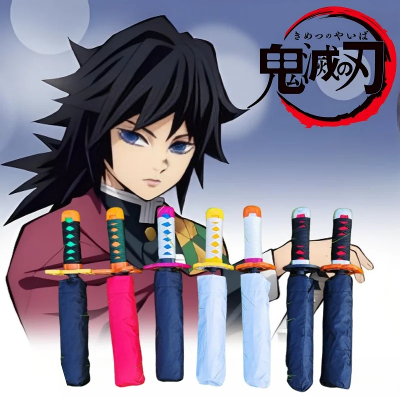 Demon Slayer 3-folding Katana Umbrella Solid Color Kimetsu No Yaiba Sword Umbrella Real Size Japanese Katana Anime Rain Gear