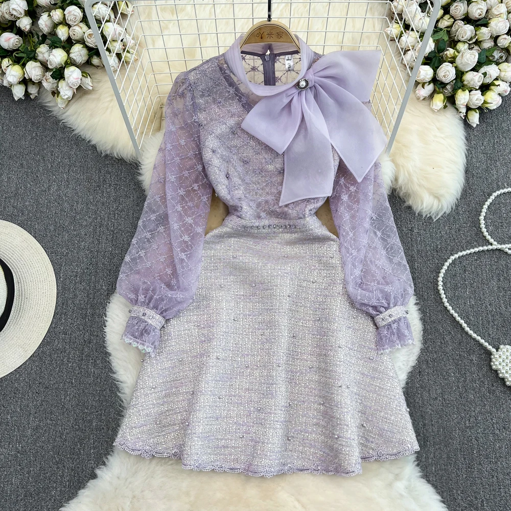 

2023 Spring Autumn Elegant Bubble Long Sleeve Stand Collar Big Bowknot Nail Beading Embroidery Mesh Stitching Tweed A-Line Dress