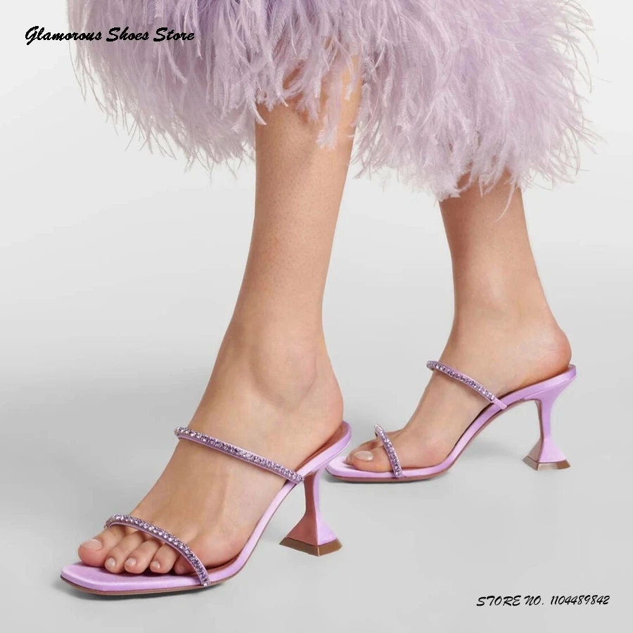 

Crystal Embellished Satin Heeled Mules Square Open Toe Hourglass Shaped Heel Slippers Summer Party Prom Dress Women's Shoes