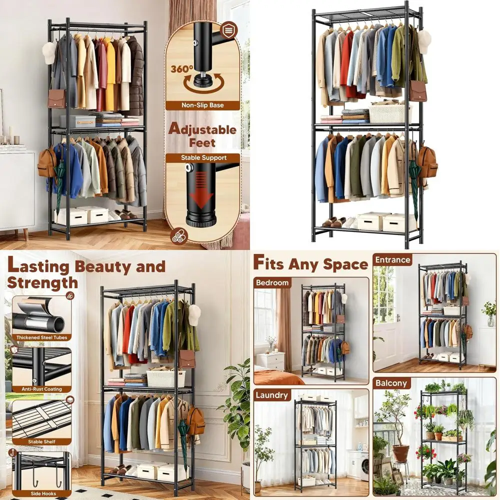 

Прочная 3-ярусная подвесная вешалка для одежды с крючками для небольших помещений — идеальное решение для хранения вещей в спальнях и прачечных, черная