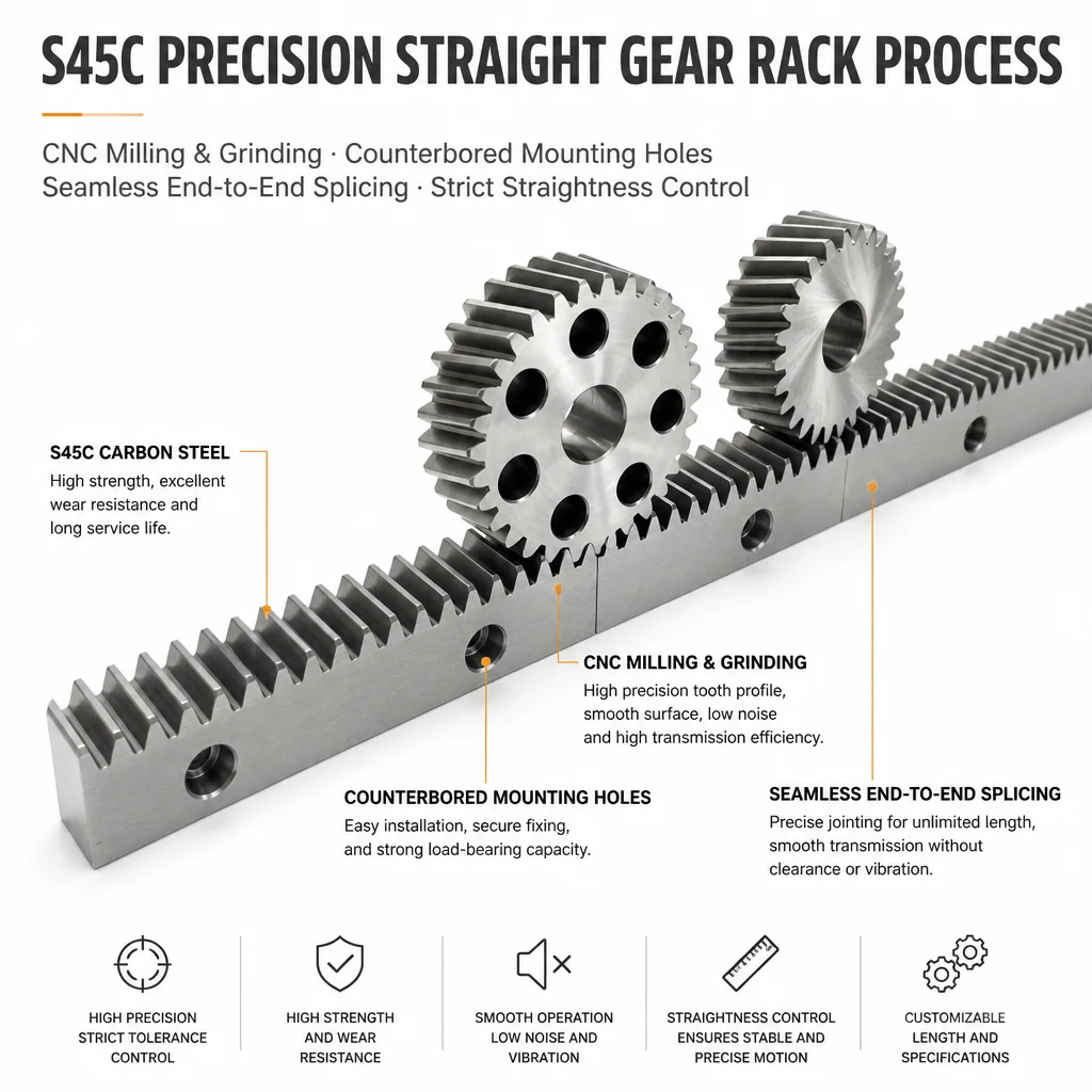 Custom Metric Module M1-M5 Straight Gear Rack with Side Mounting Holes Ground Steel Linear Guide for CNC Router