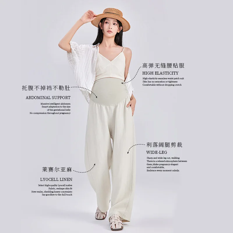 2026 New Spring Summer Maternity Wide Leg Pants Petite Linen Casual Trousers Breathable Full Pregnancy Outer Wear Long Pants