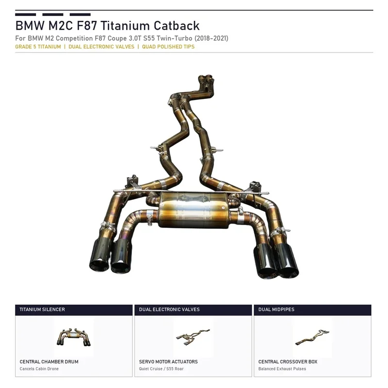 Titanium Dual Valve Catback Exhaust for BMW M2 Competition F87 S55 3.0T Lightweight Mandrel Bent Racing Muffler System