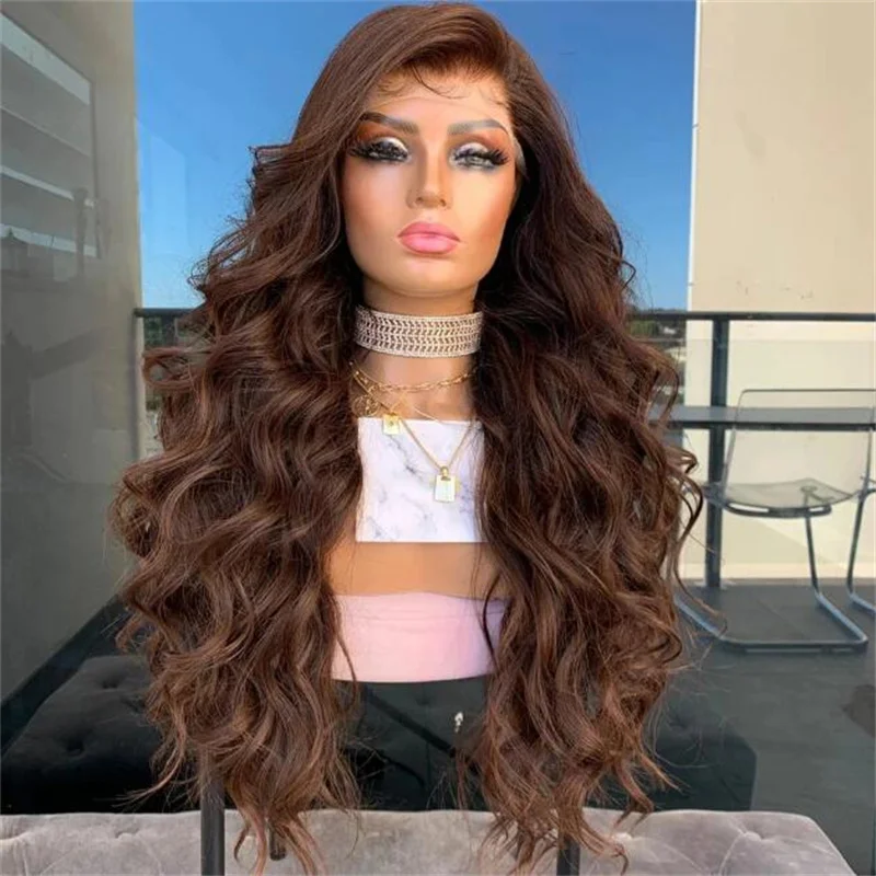 Soft 26Inch Brown 180Density Natural Wave 5x5 Silk Base Preplucked Jewish Human BabyHair HD Lace Wig European Hair Glueless