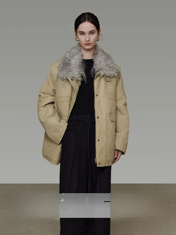 

Женское утепленное длинное хлопковое пальто Unspoken с воротником из страусиных перьев, свободного кроя, простое, зимнее, верхняя одежда