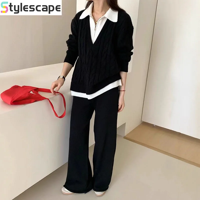 

Thickened Knitted Set for Women's Autumn and Winter New Style, Luxury and Fake Two Piece Set, Head Sweater, Wide Leg Pants, Two