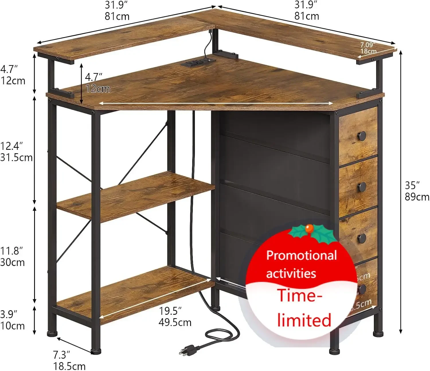 Corner Desk with Drawers Shelves for Small Space 90 Degrees Triangle Computer Desk with Power Outlets,Gaming Desk with LED Light