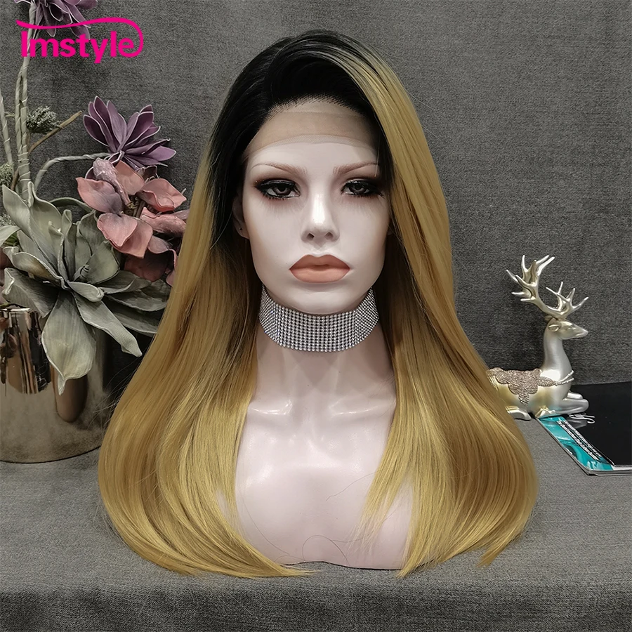 Imstyle-peruca sintética da parte dianteira do laço para mulheres negras, cabelo liso, fibra de alta temperatura, desgaste diário, 20"