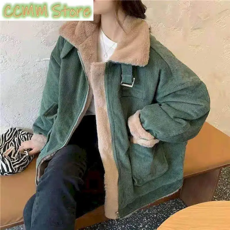 Winter Coat Women New Korean Loose Wild Zipper Corduroy Lamb Wool Jacket Thicken Warm Tooling Cotton Jackets Womens Parkas