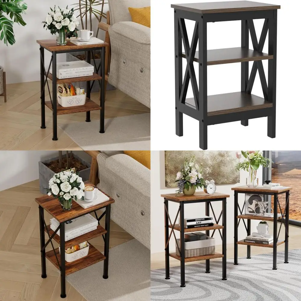 

Комплект из 2 современных прикроватных тумбочек коричневого цвета с X-образным дизайном и полкой для хранения для спальни и гостиной