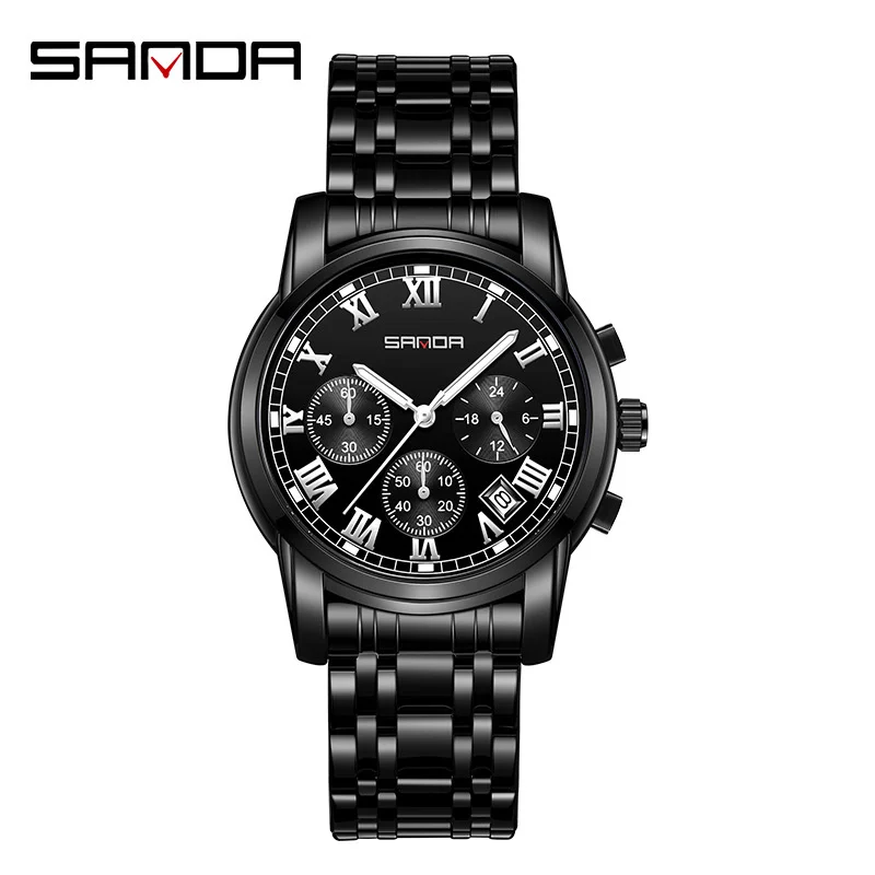 

Fashion Sanda Top Brand Quartz Watch Luxury Business Waterproof Luminous Chronograph Men 3 Eyes Full Stainless Steel Wrist Watch