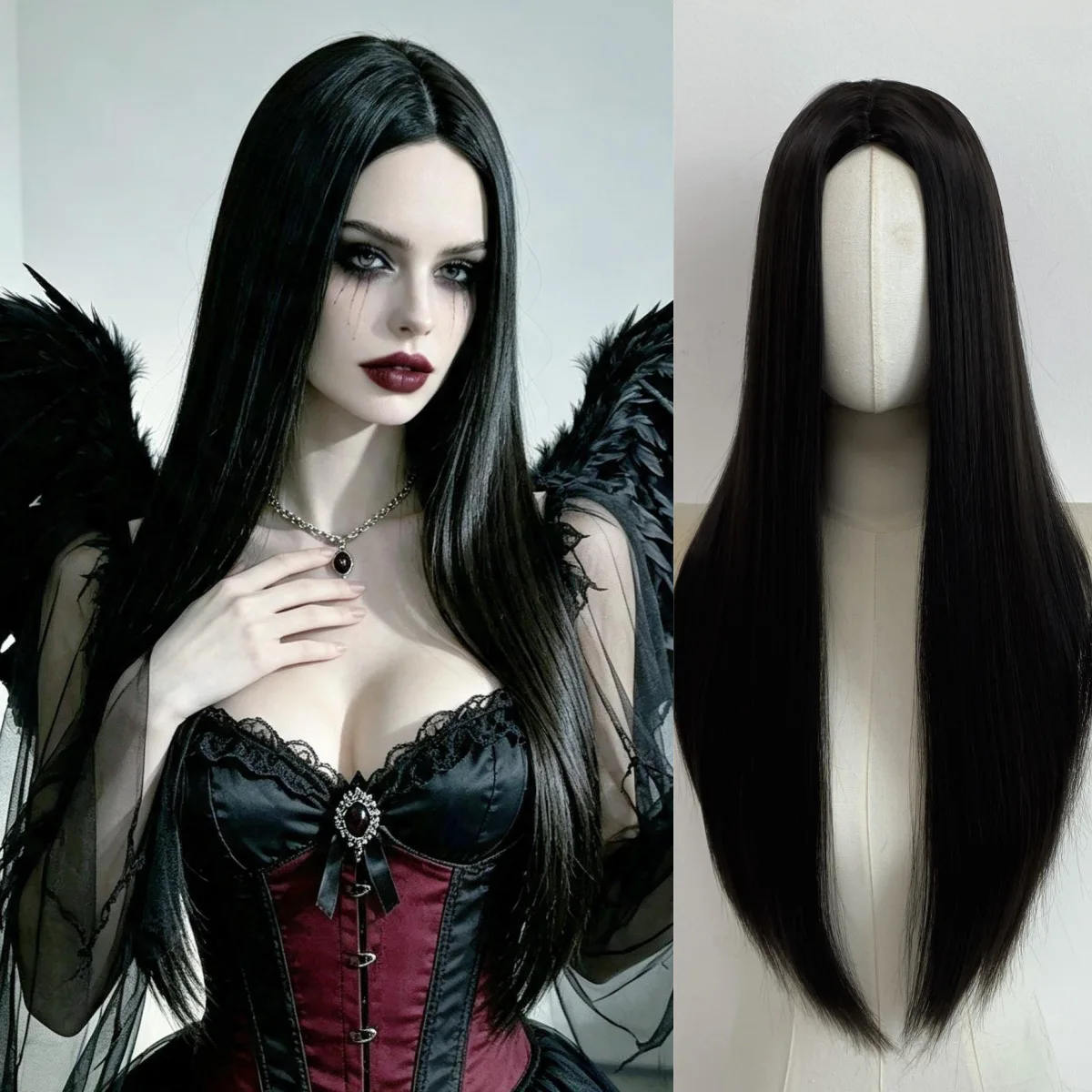 Black parting long straight synthetic wig - Halloween dark angel cosplay role-playing wig - High temperature silk wig set