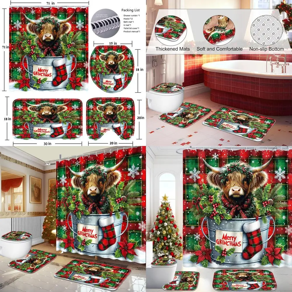 

4-Piece Christmas Bathroom Set: Shower Curtain with Rugs, Hooks, and Toilet Lid Cover