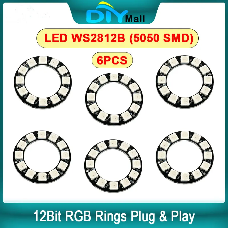 6PCS WS2812 5050 RGB LED Ring Light - 12Bit Addressable DIY Kit with Integrated Drivers for Arduino Raspberry Pi