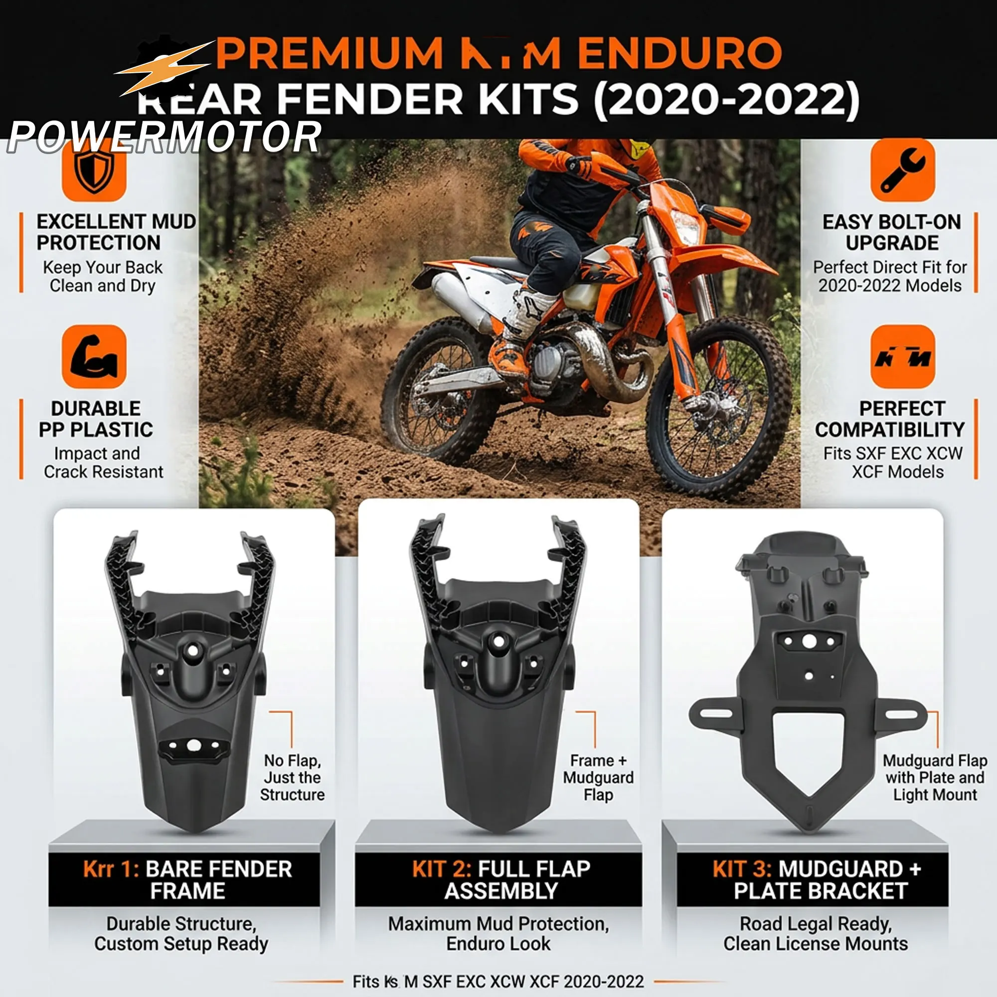 

Enduro Motorcycle Rear Fender For KTM SXF EXC XCW XCF 2020-2022 DirtBike Off-Road Racing Mudguard License Plate Bracket Modified