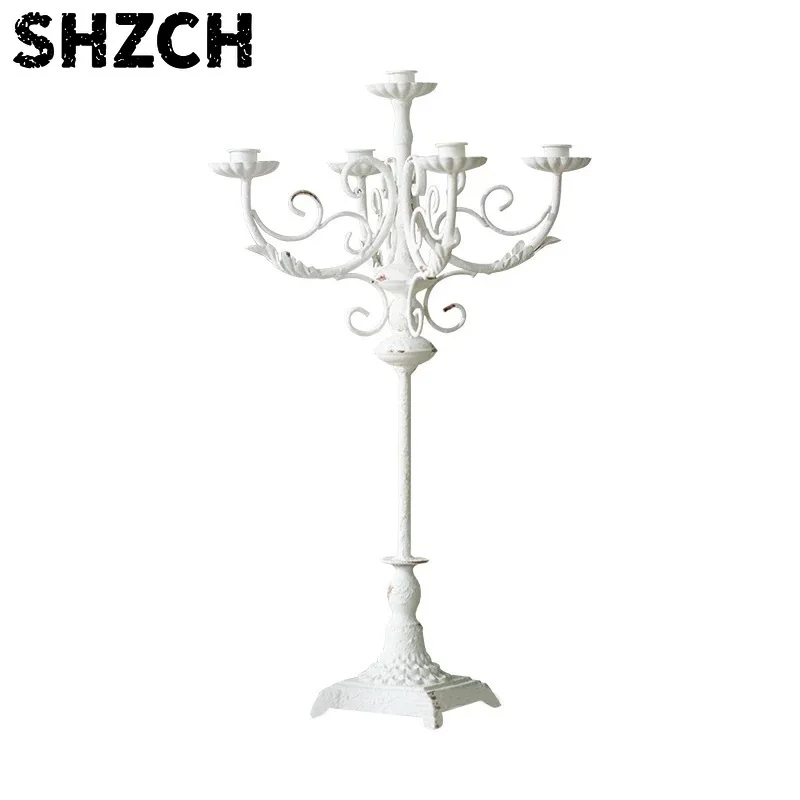 Vintage French Style Candelabra, White Iron 5-Arm Candle Holder, Shabby Chic Table Centerpiece, 29x29x62cm, Distressed Finish